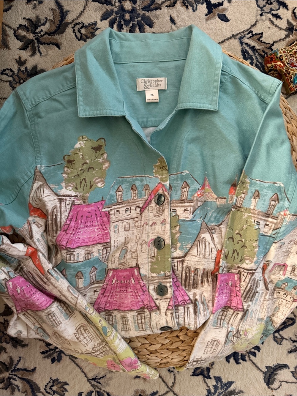 Christopher & Banks Teal Village Print Button-Up Top with Pink and Green Accents